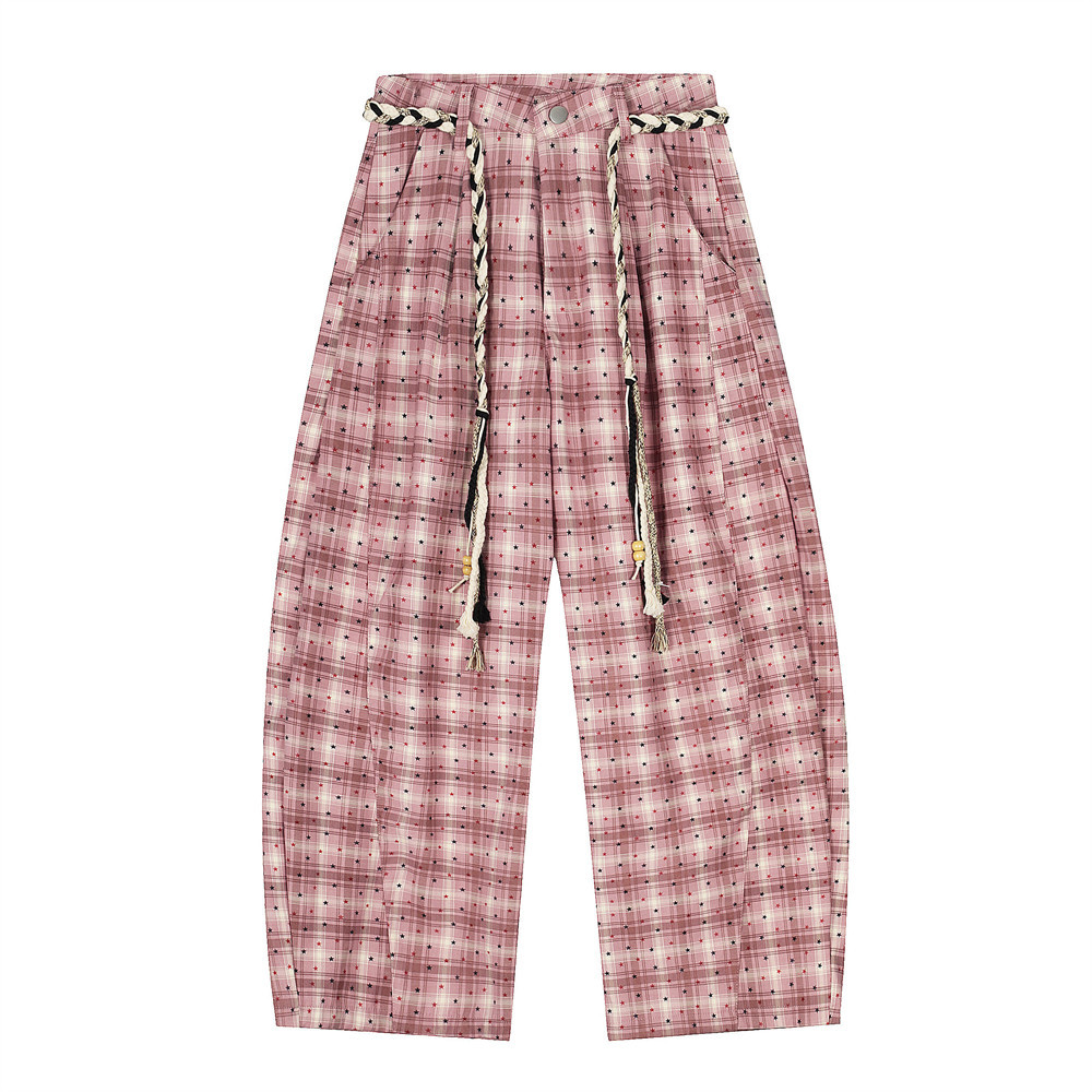 Loose Fit Plaid Scimitar Pants With Drawstring, Unique Niche Design, Checkered Casual Trousers For Men_voghion.com