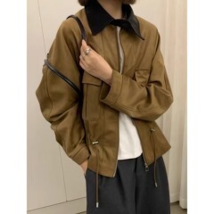韩版时尚设计感拼色领工装外套女2025秋季新款收腰抽绳显瘦上衣潮