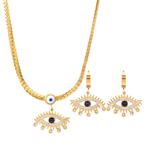 European and American exaggerated style full diamond eye pendant titanium steel flat clavicle chain blue devil's eye earrings necklace set