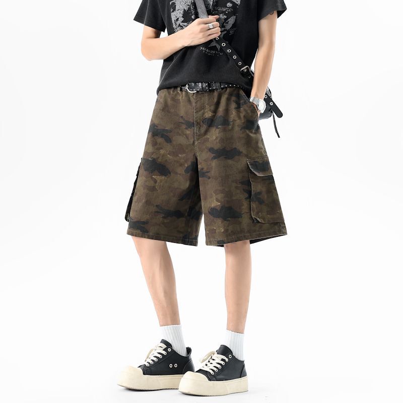 American Retro Camouflage Work Shorts for Men, Summer Multi-Pocket Loose Wide-Leg Street Style Casual Knee-Length Shorts