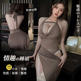 眉奈儿情趣内衣纯欲睡裙深V露胸荡领连体衣性感调情镂空睡衣长裙