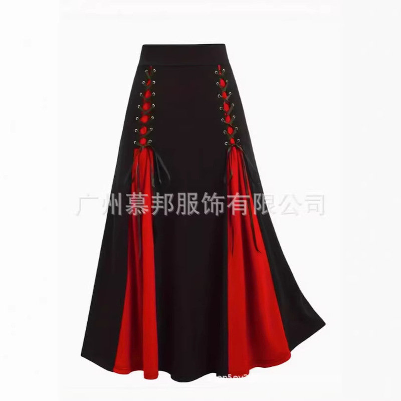 Gothic Lace-Up Two-Tone Patchwork Hem Mid-Length A-Line High-Waisted Skirt Gothic Lace-Up Two-Tone Patchwork Hem Mid-Length A-Line High-Waisted Skirt