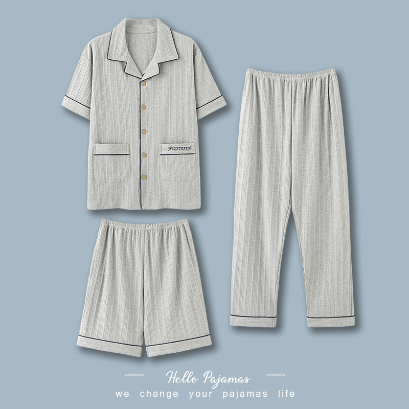 Pijamas de tres piezas para hombre verano 100% algodón pantalones de manga corta traje Delgado verano dibujos animados más tamaño homewear