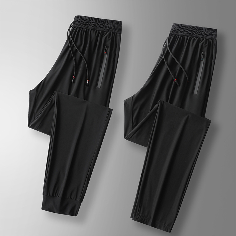Ice Silk Pants Men's Summer New Fashion Casual High Elastic Pants Men's Solid Color Thin Black Air Conditioning Quick-drying Pants