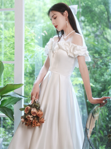 White satin Wedding dress bridal one-shoulder satin long evening dress annual meeting birthday party celebration prom dress for women