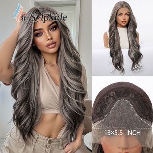 Wig Female Forehead Lace Middle Part Realistic 13*4 Hand Hook High Temperature Silk Gray Brown Chemical Fiber Long Curly Hair Temu Style