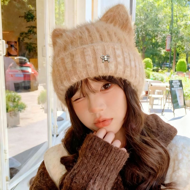 帽子女针织帽秋冬季可爱猫咪耳朵保暖套头帽弹力毛线帽户外包头帽|undefined