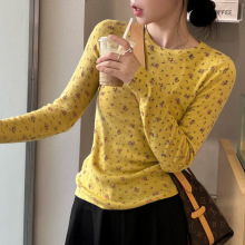 针织早秋2023韩国秋季新款纯欲辣妹碎花修身打底衫圆领长袖上衣女