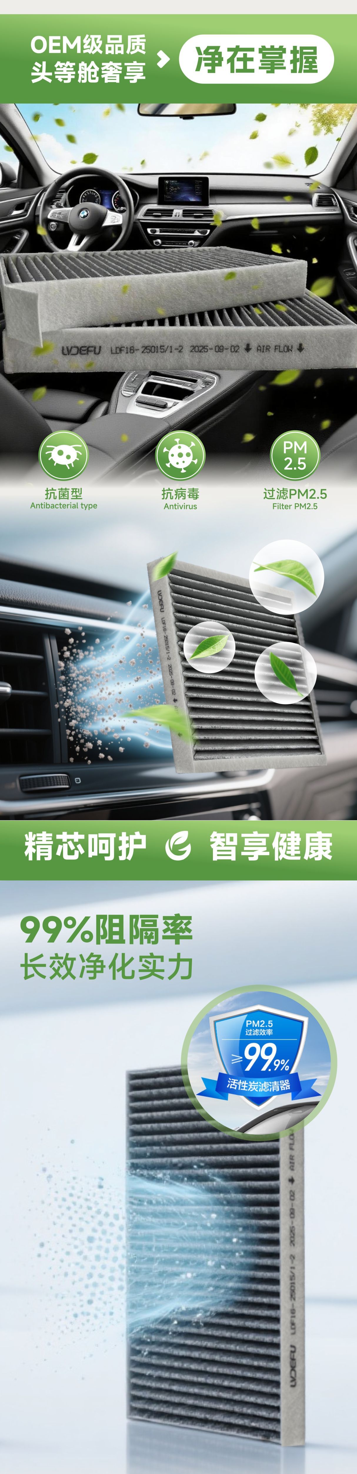 Fudefu Multi-Effect Air Conditioning Filter + Activated Carbon Car Filter Element Suitable for Mercedes-Benz C Green