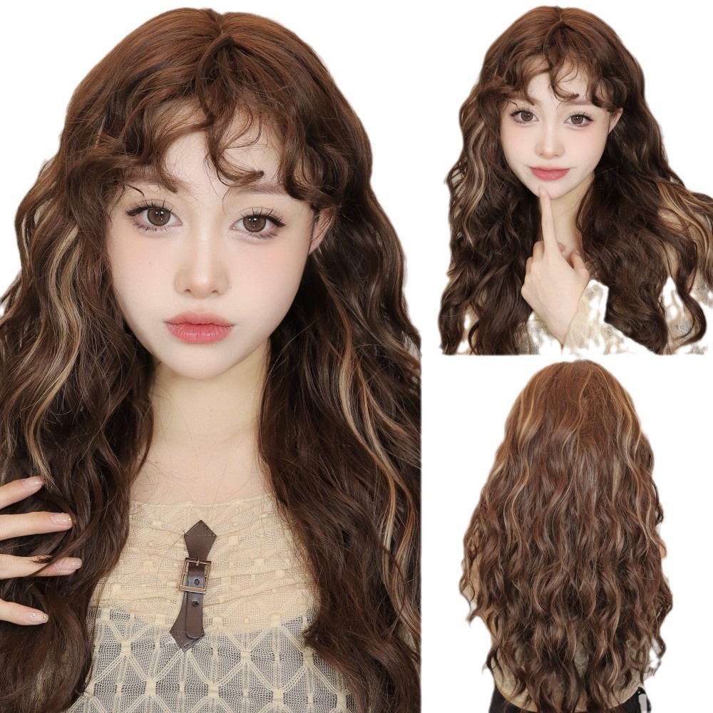 Japonés y coreano de las nuevas mujeres peluca vintage teñido marrón lana pequeño rollo flequillo luz perezoso estilo peluca cabeza cubierta