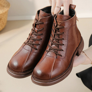 Autumn New Top Layer Cowhide Mid-heel Soft-soled Women's Ankle Boots Retro Casual Genuine Leather Martins Warm Women's Cotton Shoes