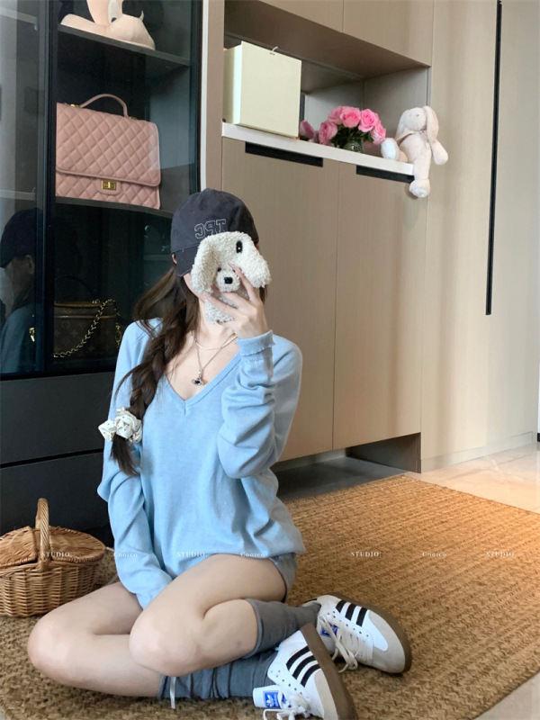 薄款慵懒风V领长袖针织T恤女秋季新款韩版宽松显瘦百搭防晒衫上衣|undefined