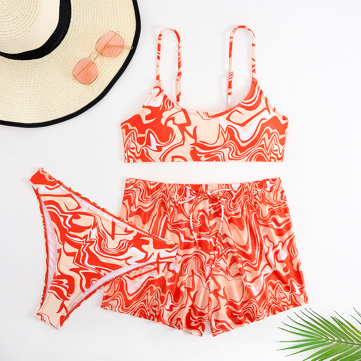 Bikini Estampado Tie-Dye con Bóxer Set de 3 Piezas de Poliéster, para Natación