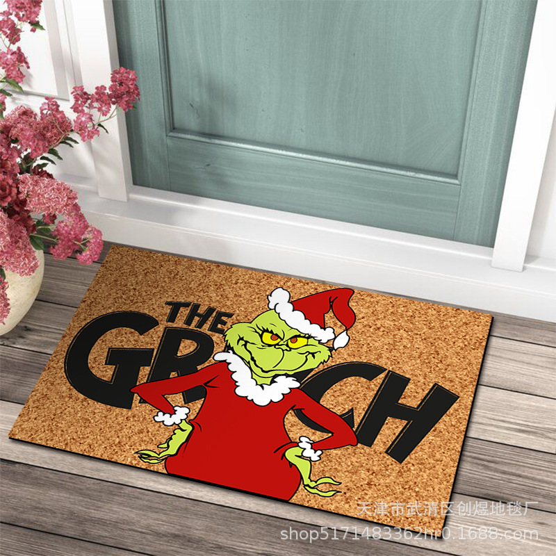 En stock Grinch alfombra del piso transfronterizo alfombra de Navidad alfombra de puerta de vacaciones verde payaso alfombra del piso