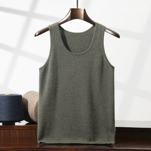 2024 New Round Neck Pullover Cashmere Knitted Men's Camisole Solid Color Casual All-match Simple Autumn and Winter Base Shirt