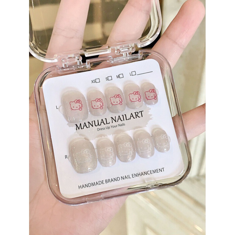 [original Real Shot] Purely Handmade Wearable Nails Internet Celebrity Vertical Middle Finger Hello Kitty Nail Art Patch Finished Product Cute Flash