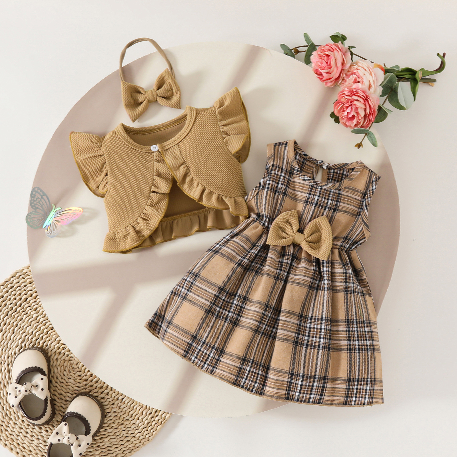 Amazon Summer Baby dress suit Sleeveless Ruffled Short Coat Top Plaid Bow dress