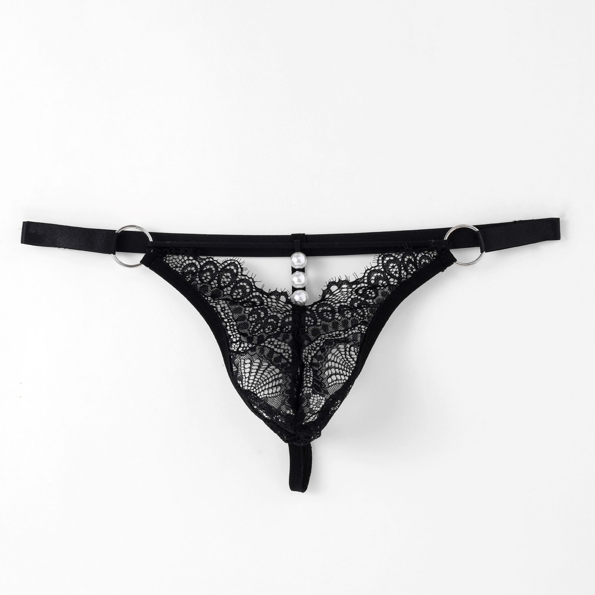 String pour homme en dentelle ajourée, taille basse, ajustable, perles, sous-vêtement sexy_voghion.com