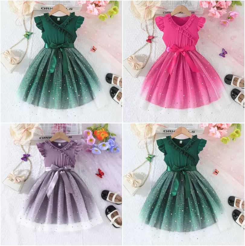 厂家直供 夏季坑条网纱拼接飞袖连衣裙 女童公主裙韩版洋气儿童裙