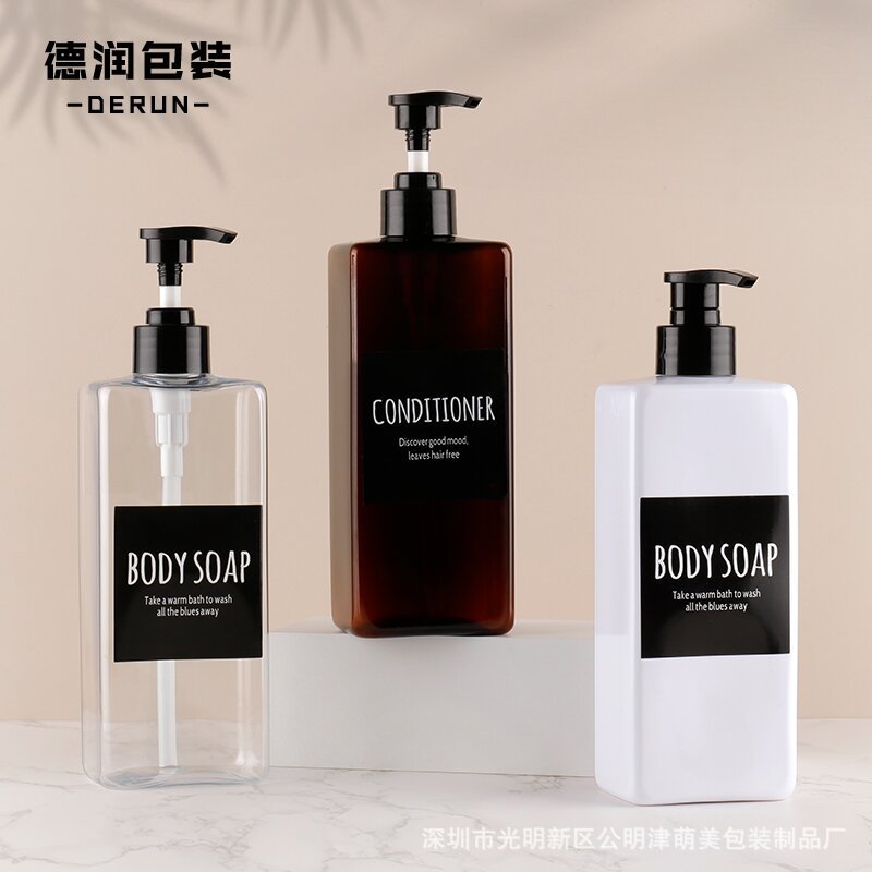 En stock 500ml marrón champú cuadrado botella plana PET prensa Gel de ducha acondicionador de cabello plástico sub-botella
