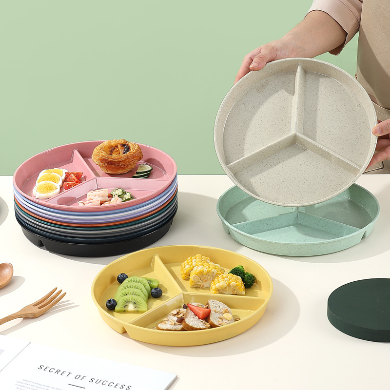 高颜值三格减脂分餐盘圆形早餐定量盘月子餐专用分隔蔬果沙拉盘子