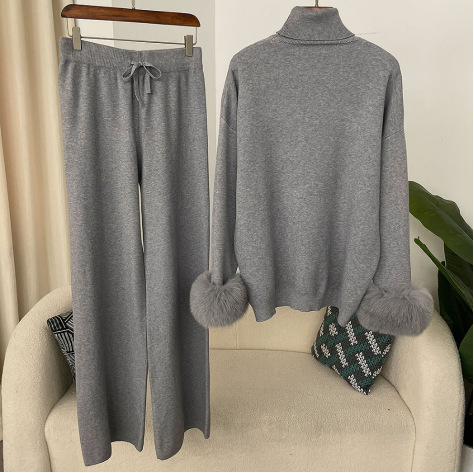 Popular Style Fox Fur Cuffs Slimming Lazy Style Versatile High-Neck Loose Sweater Autumn and Winter Women's Knitwear Two-Piece Set Popular Style Fox Fur Cuffs Slimming Lazy Style Versatile High-Neck Loose Sweater Autumn and Winter Women's Knitwear Two-Piece Set