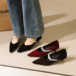2355-K216 French pointed Mary Jane shoes for women, slim heels with pearls, versatile suede temperament, small single sh