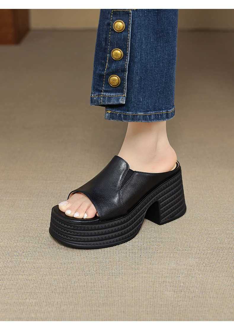 Sandal cao gót nữ quai ngang mũi hở đế platform gót vuông 9 cm — màu đen, màu mơ chi tiết 6