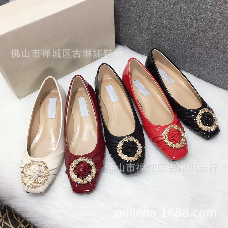 Spring Sweet French Style Slip-on Flat Ballet Shoes Women's Rhinestone Round Buckle Square Toe Shallow Mouth Four Seasons Casual Shoes