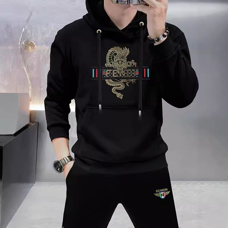 European hooded sweater men's 2023 autumn new European and American hot rhinestone Dragon pullover top fashion brand casual men's fleece-lined