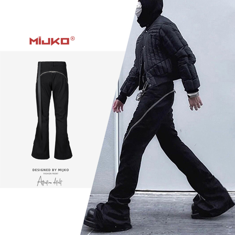 Mijko Men's Women's Autumn and Winter Urban Rick Wind Spiral Track Twisted Large Zipper Banana Trousers Black Jeans