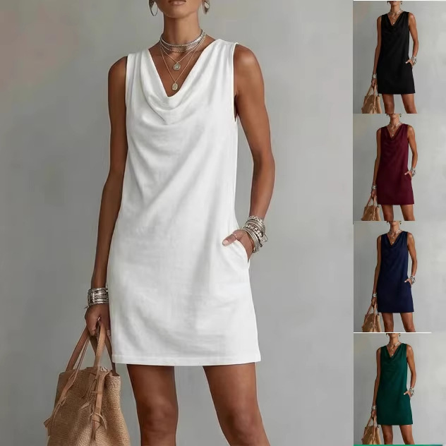 2026 Summer European and American Cross-Border Amazon Fashion Women's New Solid Color Swing-Neck Sleeveless Elegant and Sexy Dress 2026 Summer European and American Cross-Border Amazon Fashion Women's New Solid Color Swing-Neck Sleeveless Elegant and Sexy Dress