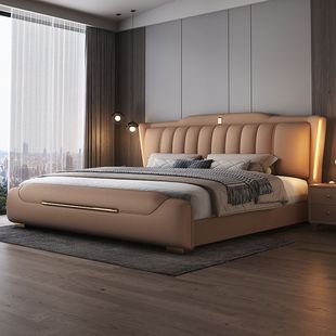 Light Luxury Leather Bed Master Bedroom 1.5 m Modern Simple Double Bed Wedding Bed 1.8 m High Box Storage Soft Bag Leather Bed
