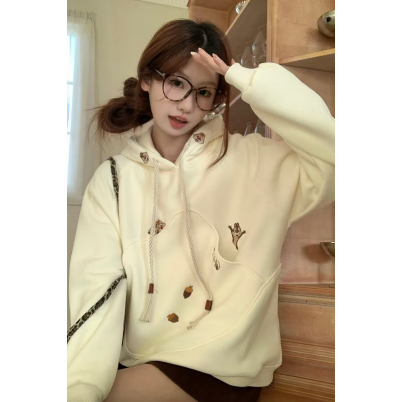 韩版卡通刺绣连帽卫衣女春秋冬加绒加厚宽松慵懒风高级感灰色外套|undefined