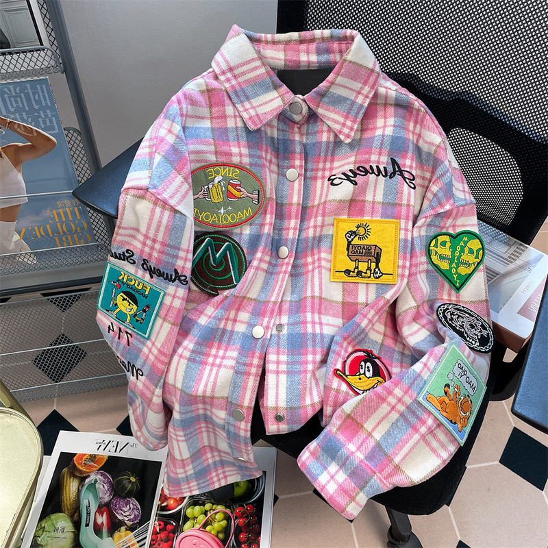 アメリカンレトロ高級感磨毛格子シャツコート男女秋冬香港風工装刺繍厚手シャツ|undefined