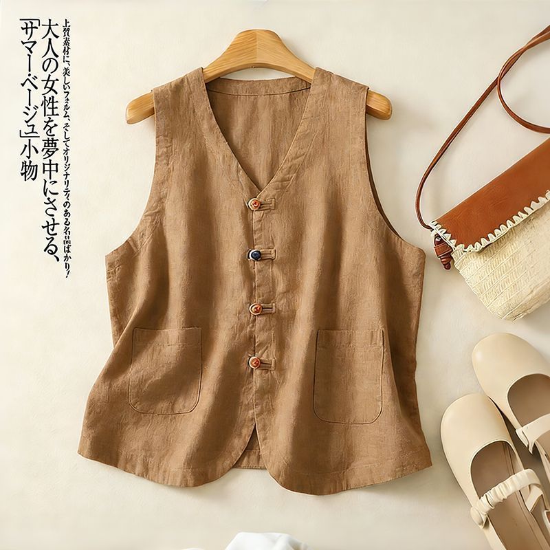 Casual estilo japonés chaleco de lino de verano delgado suelto chaleco de botón de cuello en V simple chaleco protector solar