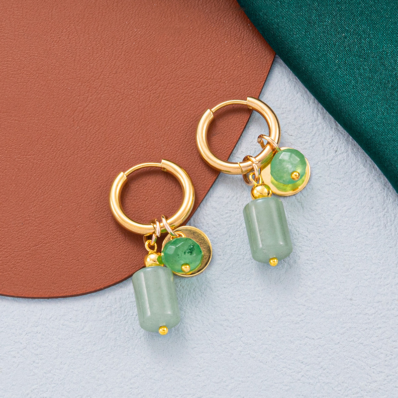 Deseo nueva llegada de acero inoxidable de las mujeres pendientes redondos verde colgante de piedra natural vintage moda joyería impermeable