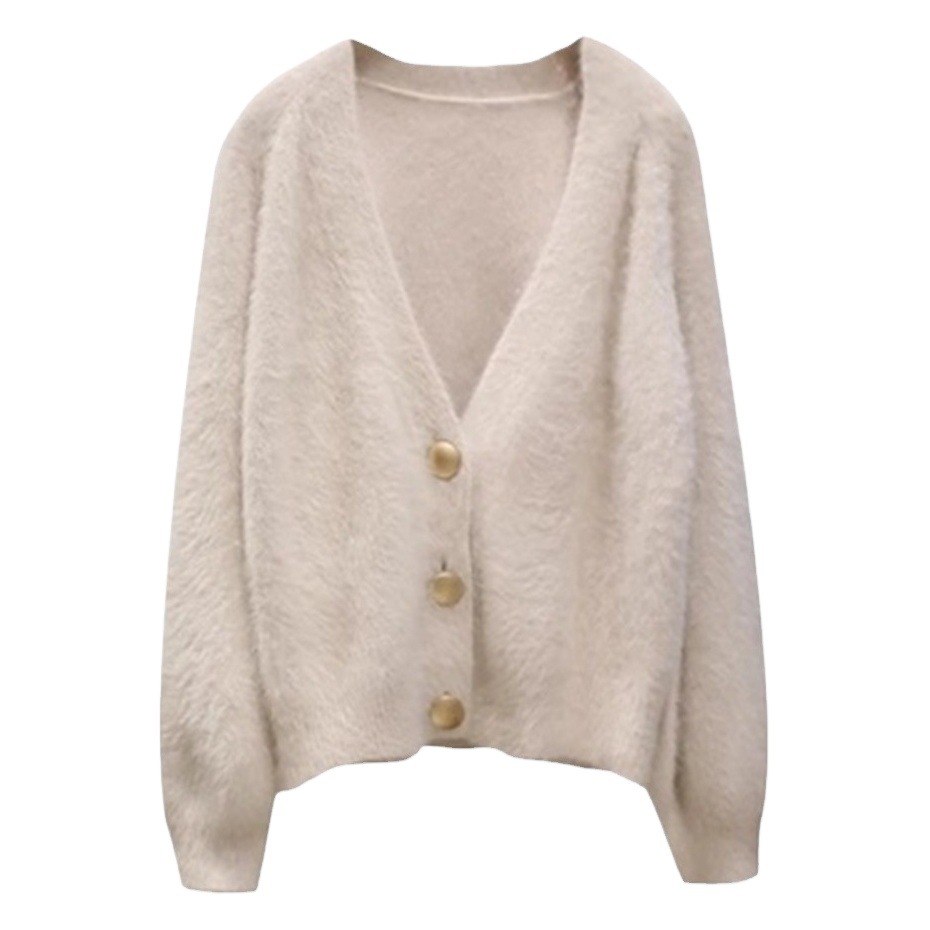 Imitation Mink Velvet Coat 2023 New Autumn Short Lazy Style Internet Celebrity Knitted Cardigan V-Neck Loose Top for Women