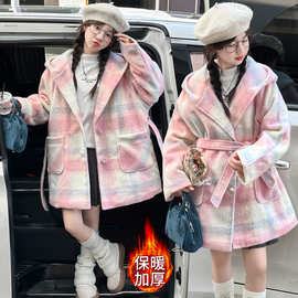 女童秋冬装格子呢子大衣2025儿童中长款时髦风衣加厚保暖棉服外套