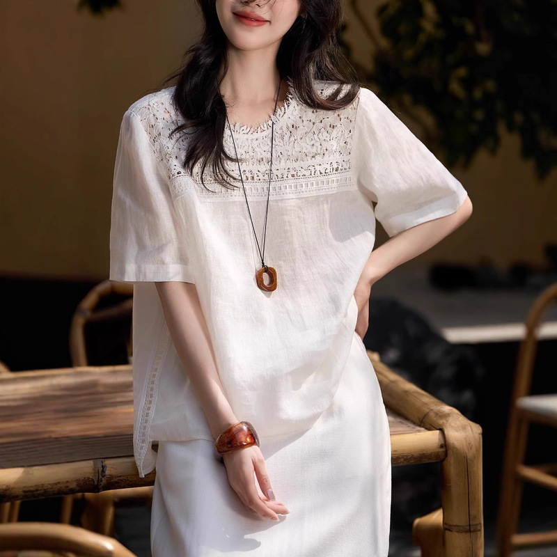 "A Dream of Floating Life" Heavy Lace +100 Linen + Loose Short Sleeve Round Neck Shirt Blouse 25 Xia Xin