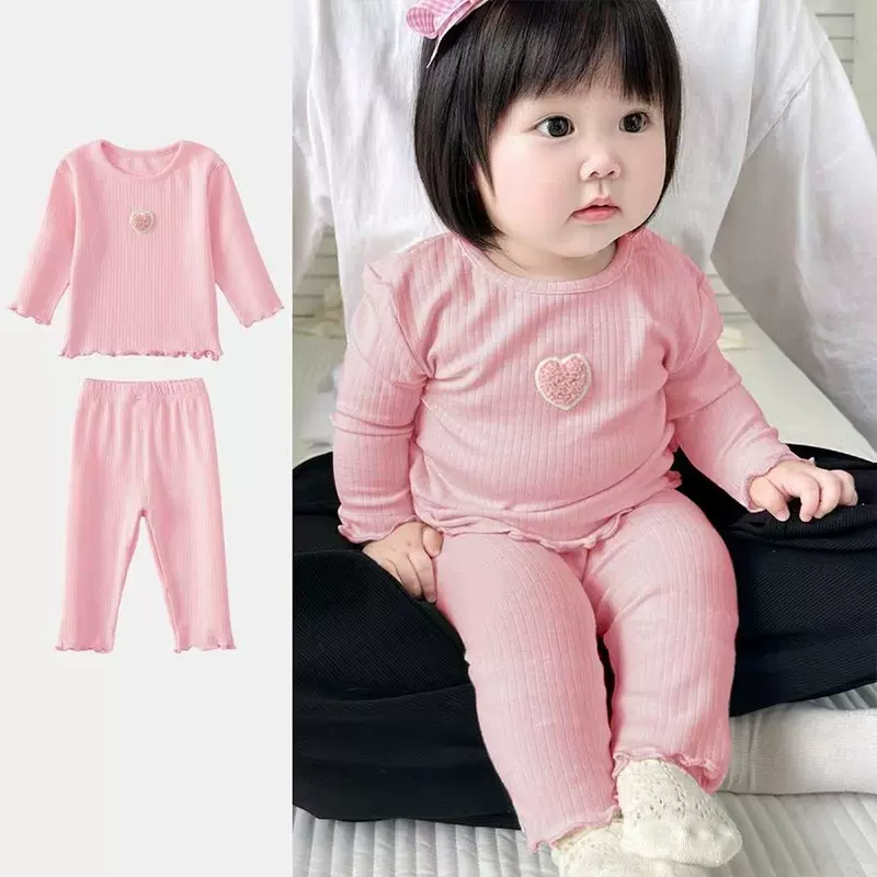 女宝宝睡衣套装秋装中小童刺绣爱心秋衣秋裤儿童休闲家居服两件套