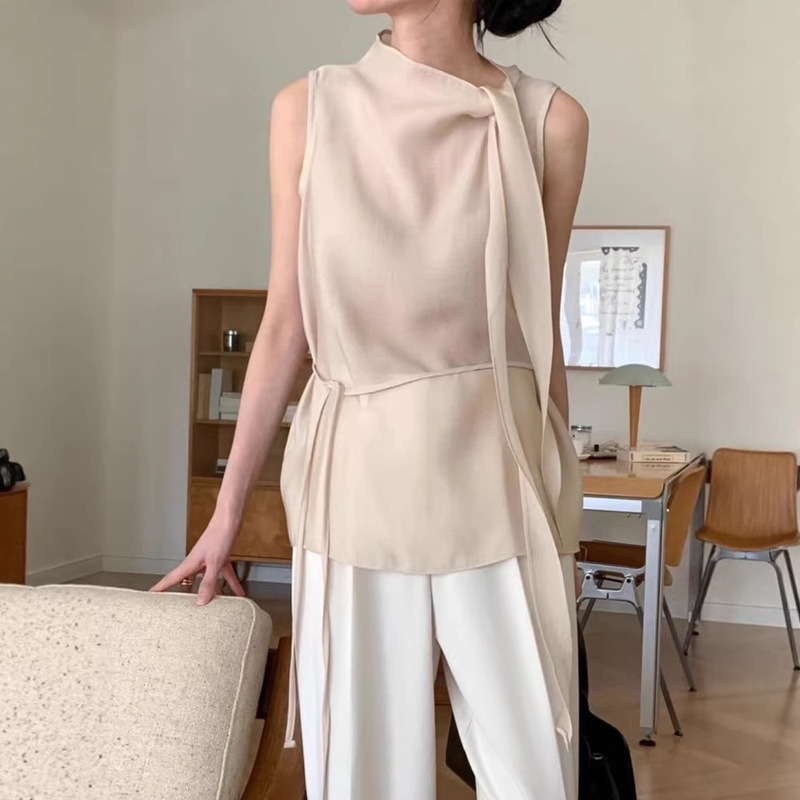 2026 Summer New Korean Chic High-Neck Sheer Blouse Thin Sleeveless Tie-Up Niche Top Women's Clothing 2026 Summer New Korean Chic High-Neck Sheer Blouse Thin Sleeveless Tie-Up Niche Top Women's Clothing