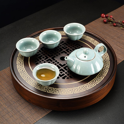 Nan bamboo made Chinese traditional elegant tea tray for hosting guests, tea table set for office, home and indoor use, for making friends and tasting tea, round shape