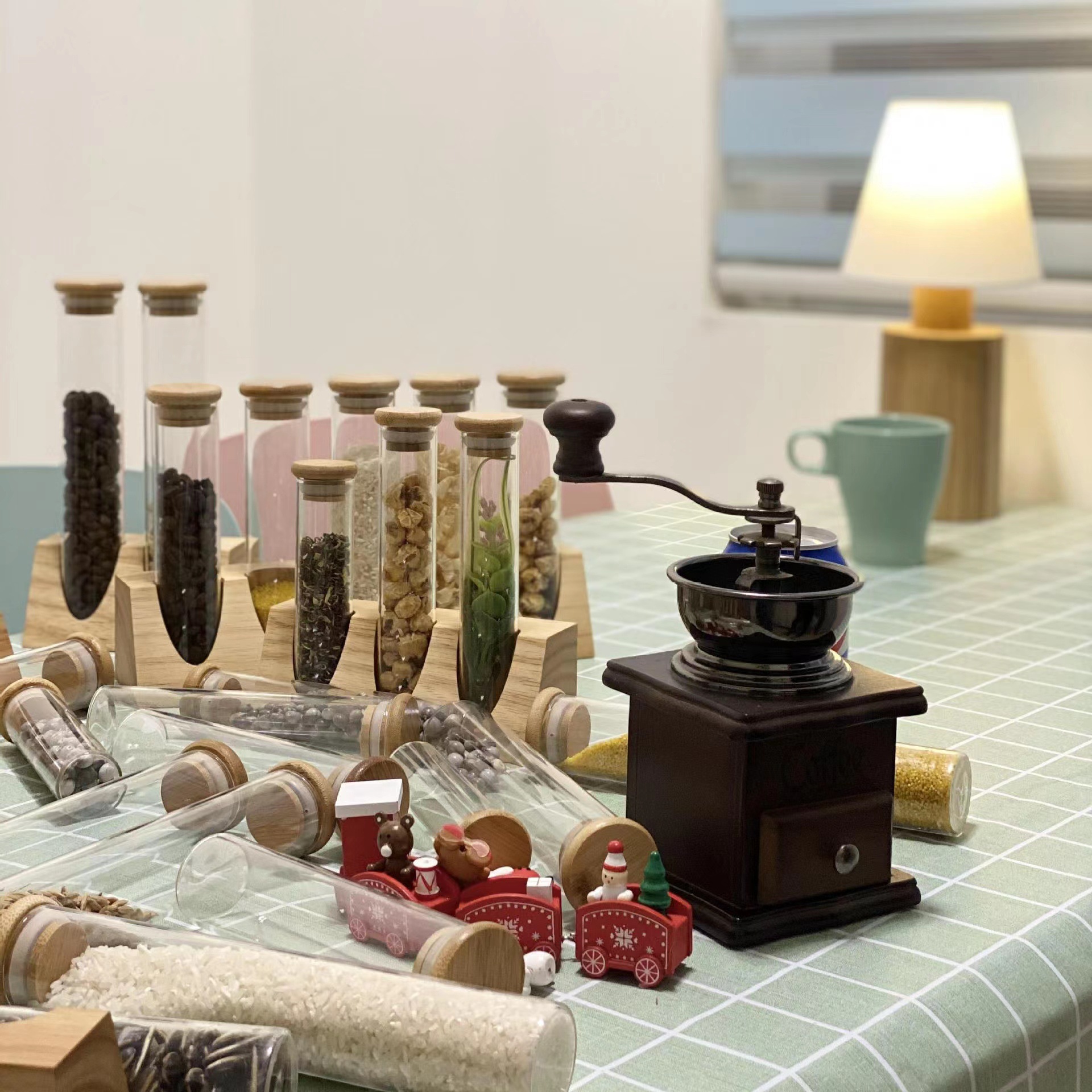 Tubo de ensayo de vidrio de borosilicato estante de exhibición de madera maciza muestra té granos de café cocina clasificación de almacenamiento tanque de almacenamiento