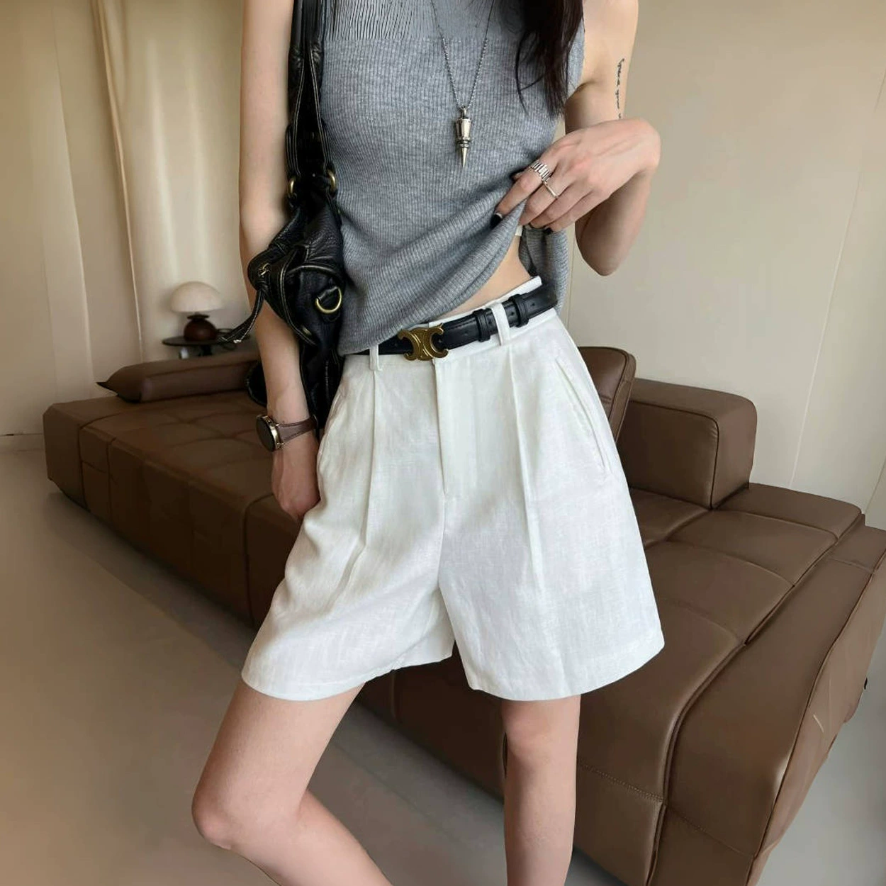 Белые льняные шорты, женские новые летние стильные маленькие свободные повседневные брюки трапециевидной формы с высокой талией из тенселя, широкие брюки из льна