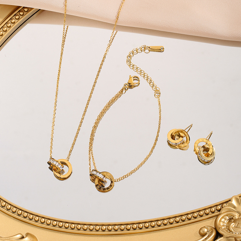 Japanese and Korean Explosive Roman Numerals Double Ring Full Diamond Titanium Steel Necklace Women's Light Luxury All-match Clavicle Chain Cyber Celebrity Three-piece Set