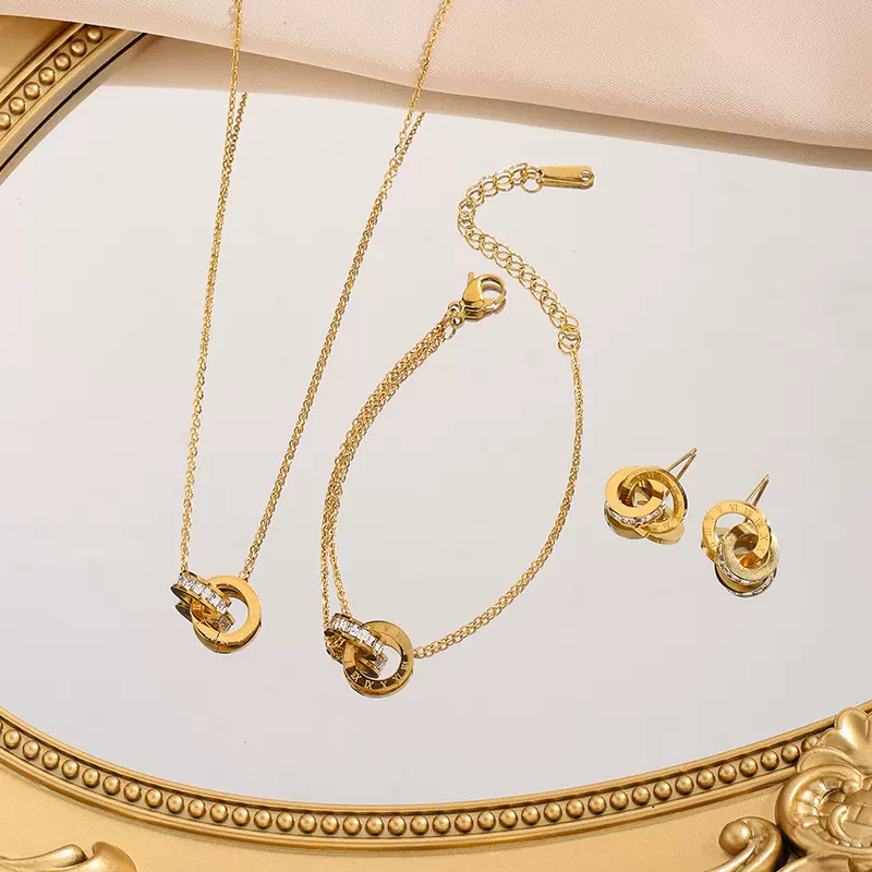 日韩爆款罗马数字双环满钻钛钢项链女轻奢百搭锁骨链网红潮三件套