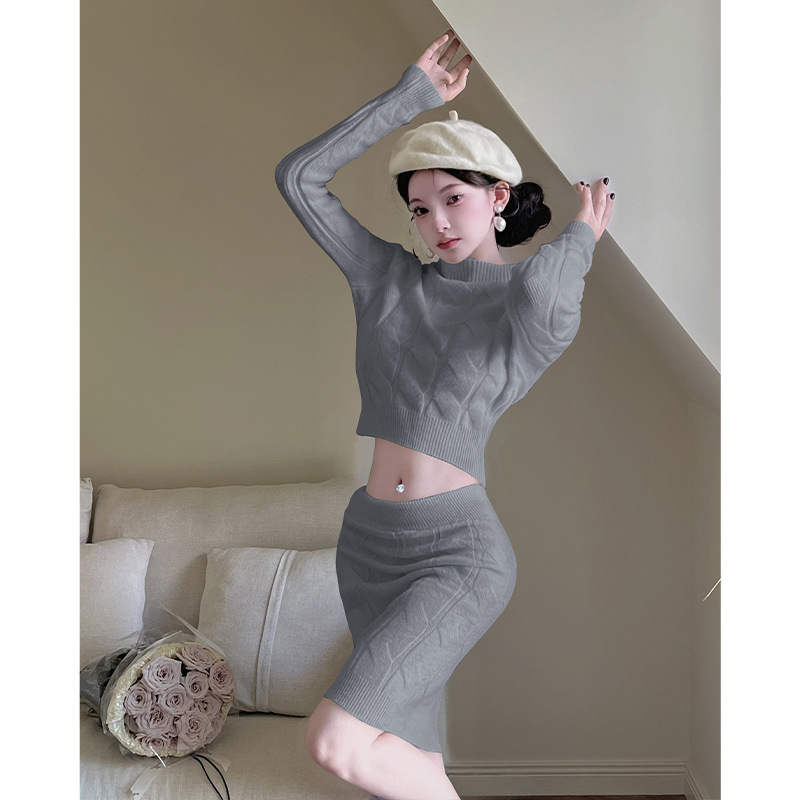 慵懒风麻花针织毛衣套装裙女2025秋冬新款修身高腰包臀短裙两件套|undefined