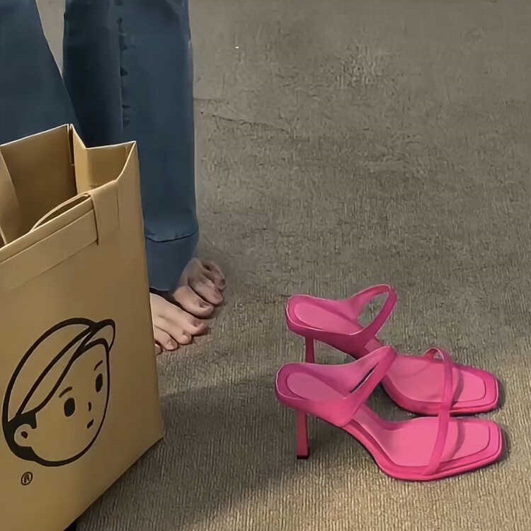 Crazy Star Cluster~Rose Red Genuine Leather High Heels Women's Outerwear Slippers Stiletto Square Toe Open Toe Internet Celebrity Ins Sandals Slippers