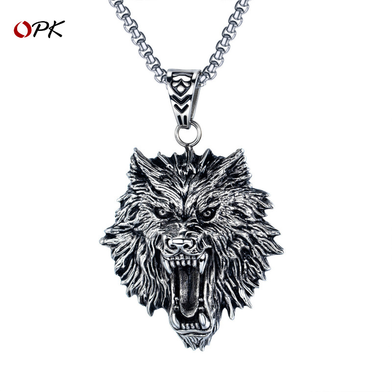 OPK Jewelry European and American Retro Punk Rock Distinctive Stainless Steel Pendant Distinctive Wolf Head Men's Necklace